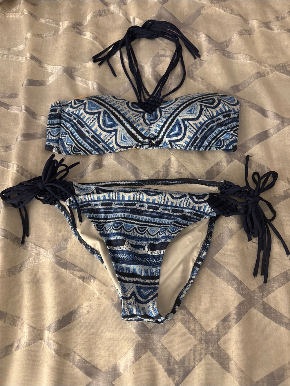 Nanette Lepore Blue Navy Patterned Bandeau Bikini